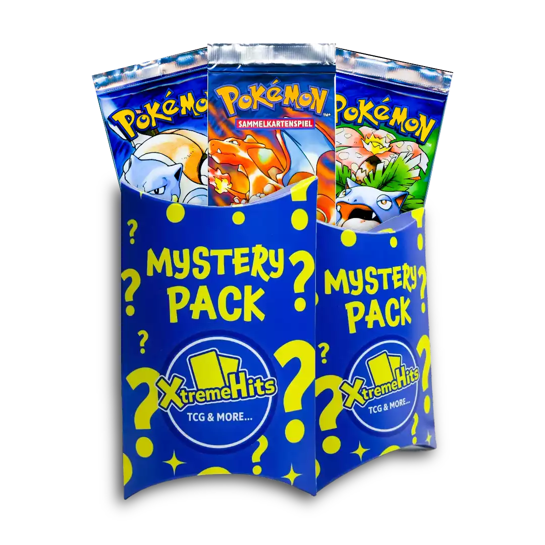 Vorschau der Xtreme Hits Mystery Packs als Premium Edition mit den Booster Packs: Glurak, Turtok und Bisaflor Boostern aus dem Base Set 1 Edition