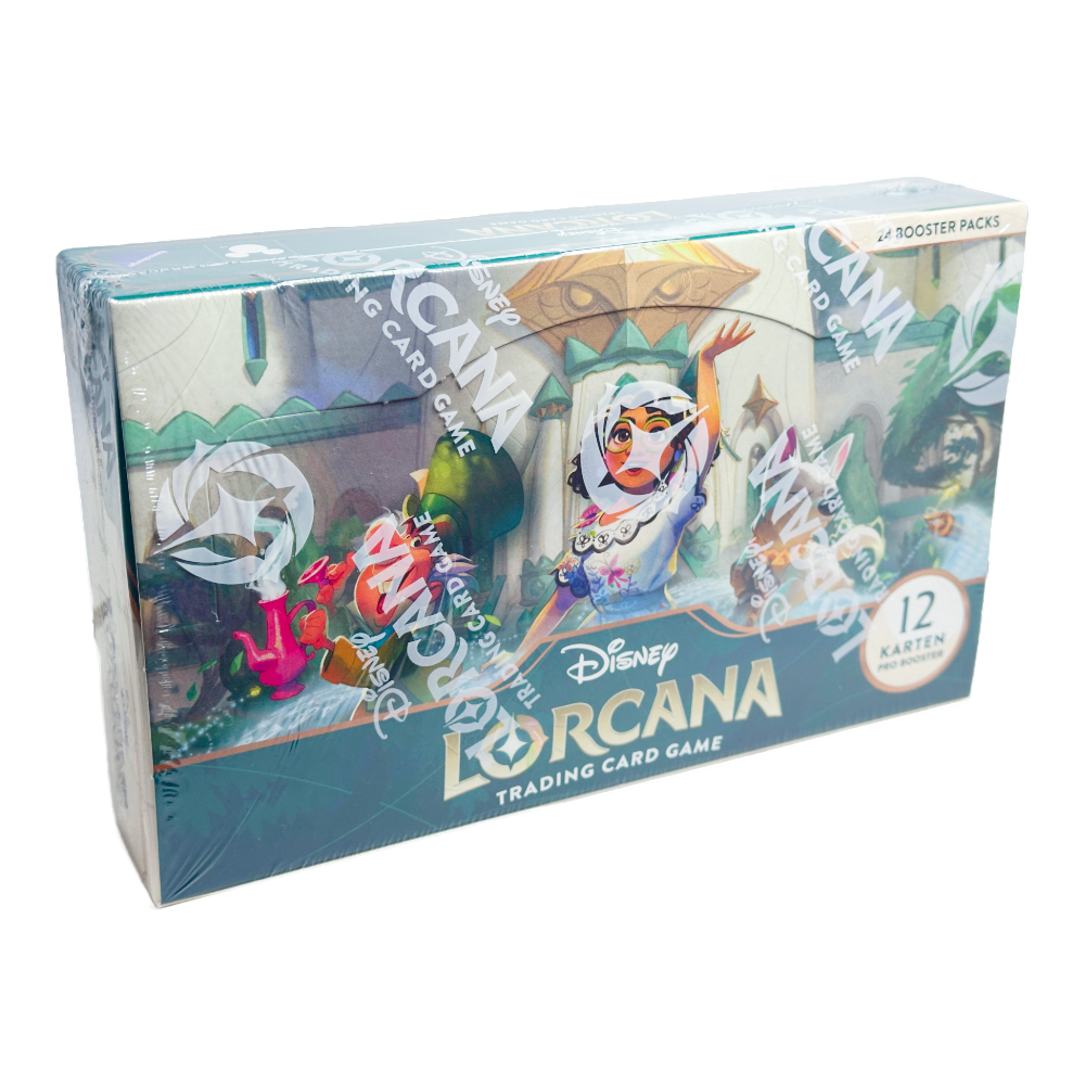 Disney Lorcana ‚Archazias Insel‘ Booster Display – deutsche Version – Vorderansicht des Displays mit 24 Booster Packs, featuring Bolt, Lilo und andere Charaktere auf tropischem Hintergrund