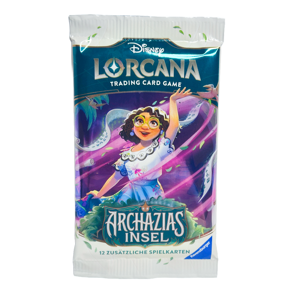 Disney Lorcana ‚Archazias Insel‘ Booster Pack – deutsche Version – Vorderansicht des Booster Packs mit Artwork von Bolt auf tropischem Hintergrund