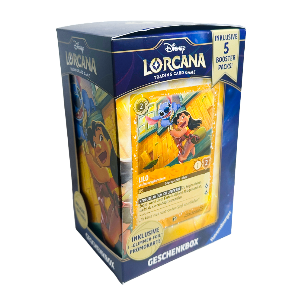 Disney Lorcana ‚Archazias Insel‘ Lilo Geschenk-Set – deutsche Version – Vorderansicht der Geschenkbox mit exklusiver Lilo-Glimmer-Foil-Karte, fünf zufällig ausgewählten Booster Packs, einer Kartenaufbewahrungsbox und drei Kartentrennern