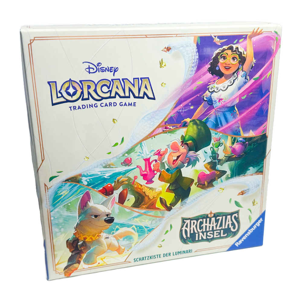 Disney Lorcana ‚Archazias Insel – Schatzkiste der Luminari‘ – Deutsche Version – Vorderansicht der Schatzkiste mit exklusivem Artwork von Disney-Charakteren, umgeben von Tintenfarben und mystischen Symbolen