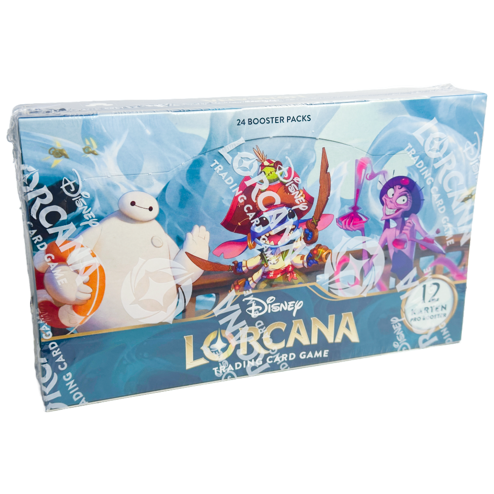 Disney Lorcana ‚Azurblaues Meer‘ Booster Display – deutsche Version – Vorderansicht des Displays mit 24 Booster Packs, featuring Jim Hawkins, Go Go Tomago, Trixi und andere Charaktere auf maritimem Hintergrund