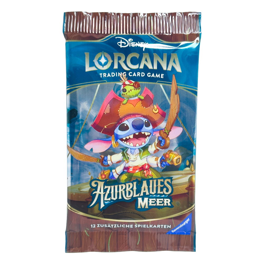 Disney Lorcana ‚Azurblaues Meer‘ Booster Pack – deutsche Version – Vorderansicht des Booster Packs mit Artwork von Jim Hawkins und anderen Charakteren auf einem maritimen Hintergrund
