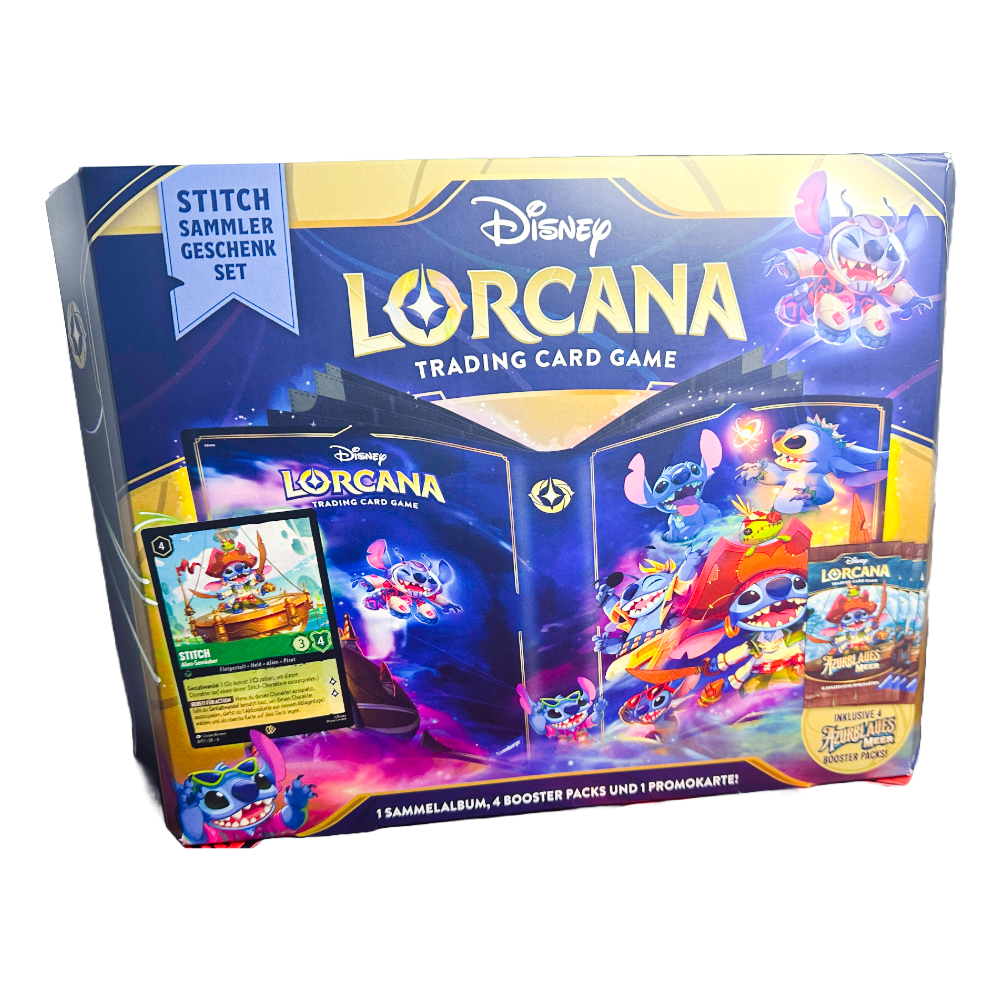 Disney Lorcana ‚Azurblaues Meer‘ Stitch Sammler-Geschenk-Set – deutsche Version – Vorderansicht des Sets mit Stitch als Alien-Seeräuber auf türkisfarbenem Hintergrund
