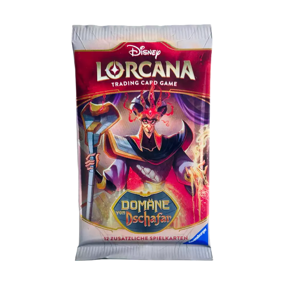Disney Lorcana ‚Domäne von Dschafar‘ Booster Pack – deutsche Version – Vorderansicht des Booster Packs mit Artwork von Dschafar auf rotem Hintergrund