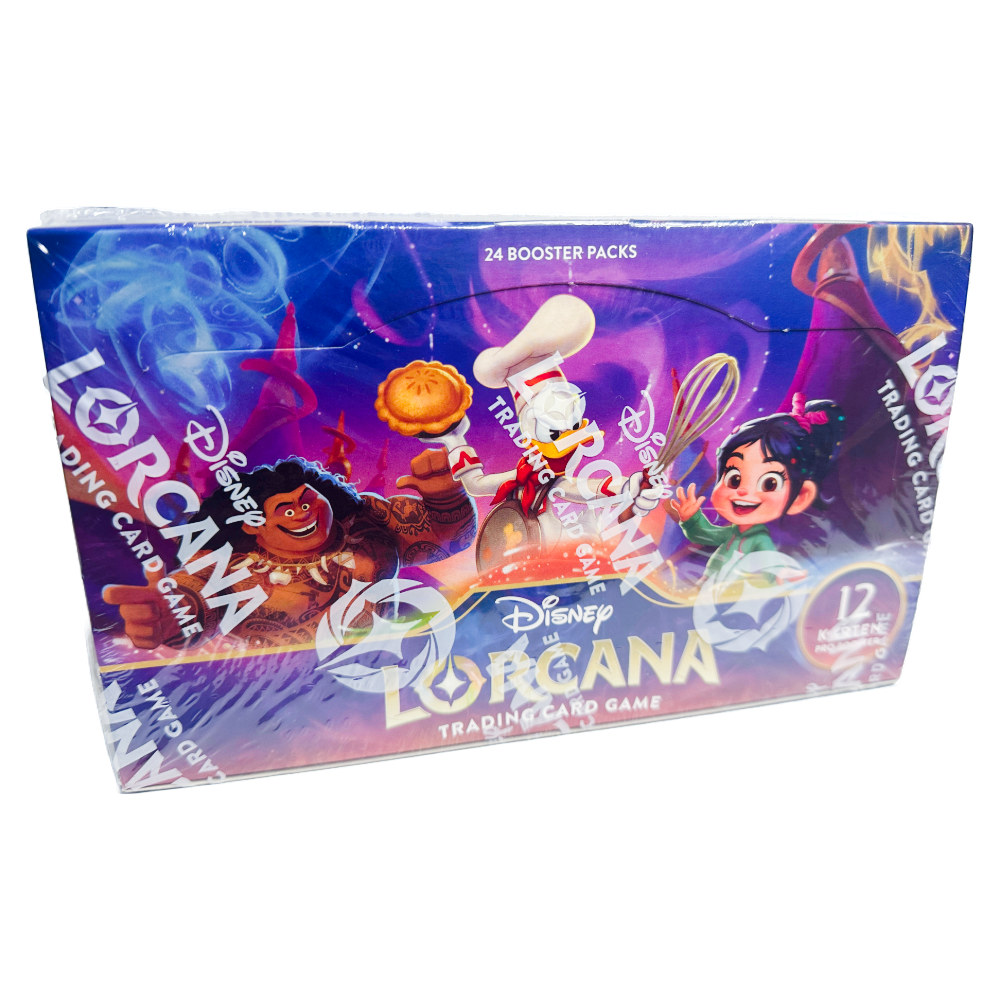 Disney Lorcana ‚Himmelsleuchten‘ Booster Display – deutsche Version – Vorderansicht des Displays mit 24 Booster Packs, featuring Vanellope von Schweetz, Jim Hawkins und andere Charaktere auf lila-rotem Hintergrund