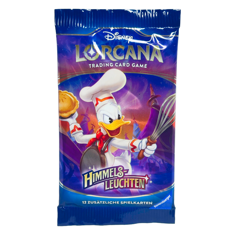 Disney Lorcana ‚Himmelsleuchten‘ Booster Pack – deutsche Version – Vorderansicht des Booster Packs mit Artwork von Vanellope von Schweetz auf lila-rotem Hintergrund