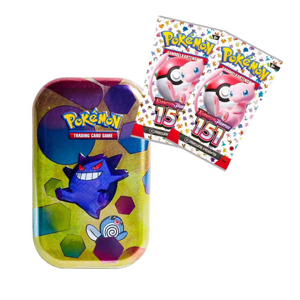 Pokémon 151 Mini Tin – deutsche Version – Vorderansicht der Mini-Dose mit Artwork von Gengar und buntem Hintergrund