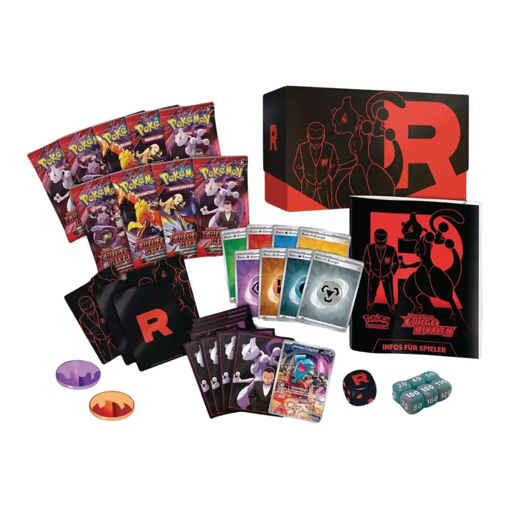 Geöffnete Pokémon Ewige Rivalen Top‑Trainer‑Box – deutsche Version – Inhalt mit Booster‑Packs, Hüllen, Würfeln, Spielanleitung und Promokarte