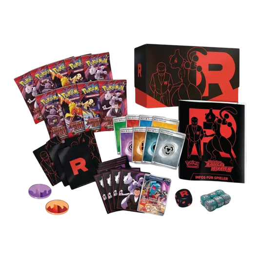 Geöffnete Pokémon Ewige Rivalen Top‑Trainer‑Box – deutsche Version – Inhalt mit Booster‑Packs, Hüllen, Würfeln, Spielanleitung und Promokarte