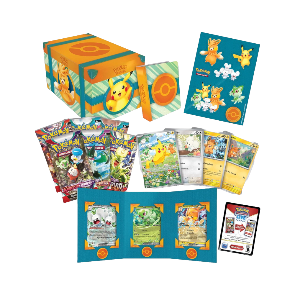 Geöffneter Pokémon Paldea Abenteuerkoffer – deutsche Version – Inhalt mit Sammelkarten, Spielfiguren und Zubehör auf buntem Hintergrund