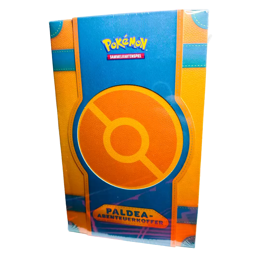 Pokémon Paldea-Abenteuerkoffer – deutsche Version – Vorderansicht der Box mit Pikachu-Artwork auf orange-blauem Hintergrund