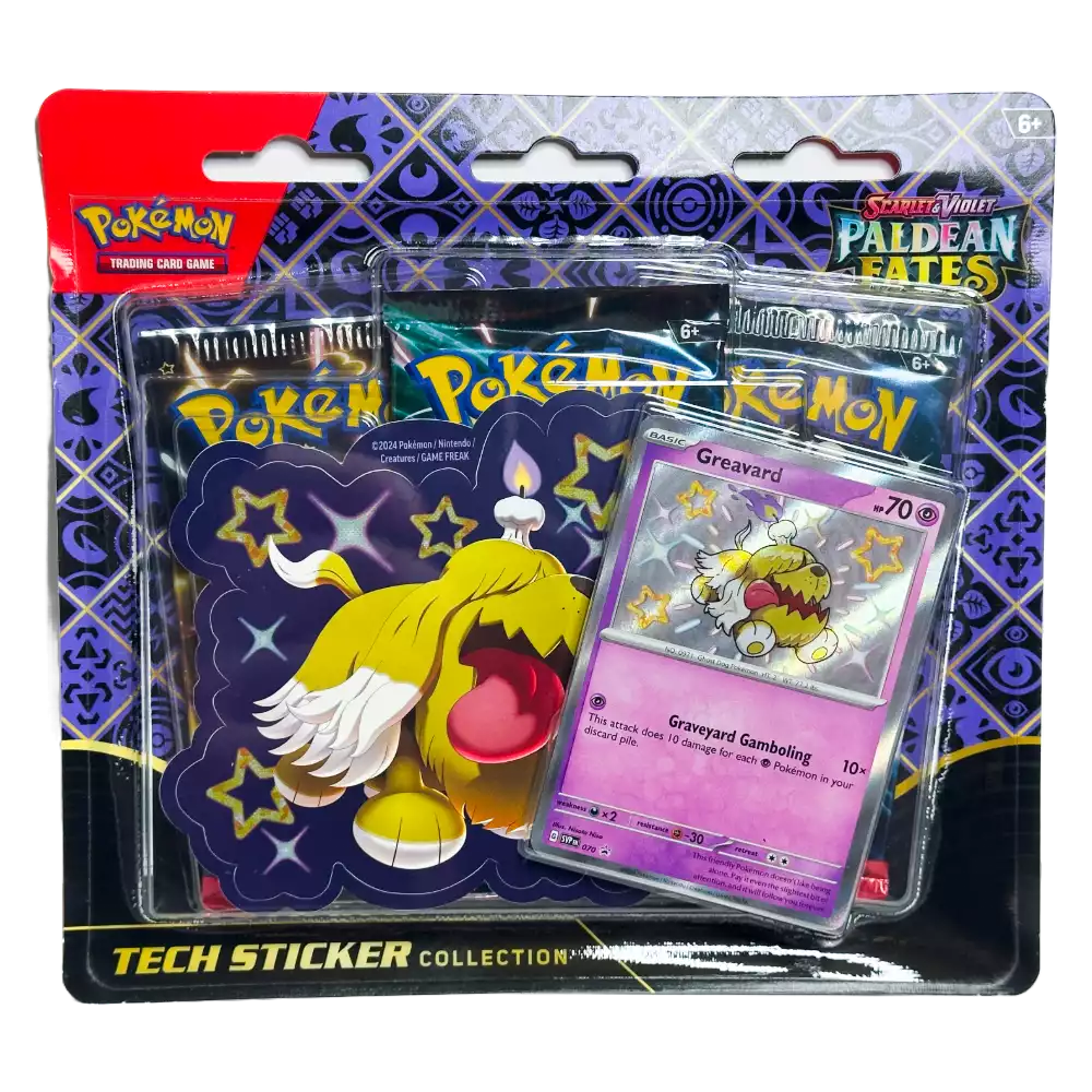 Pokémon Paldean Fates Tech Sticker Collection – Greavard Edition – Vorderansicht des Blister‑Packs mit Shiny Greavard Promo‑Sticker und 3 Boosterpacks (englische Version