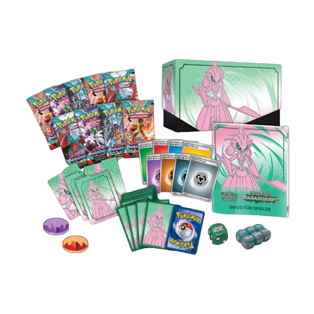 Geöffnete Pokémon Paradoxrift Top-Trainer-Box – deutsche Version – Inhalt mit 9 Boosterpacks, Promokarte, Spielkartenhüllen, Energiekarten, Würfeln, Anleitung, Münze, Marker und Online-Codekarte