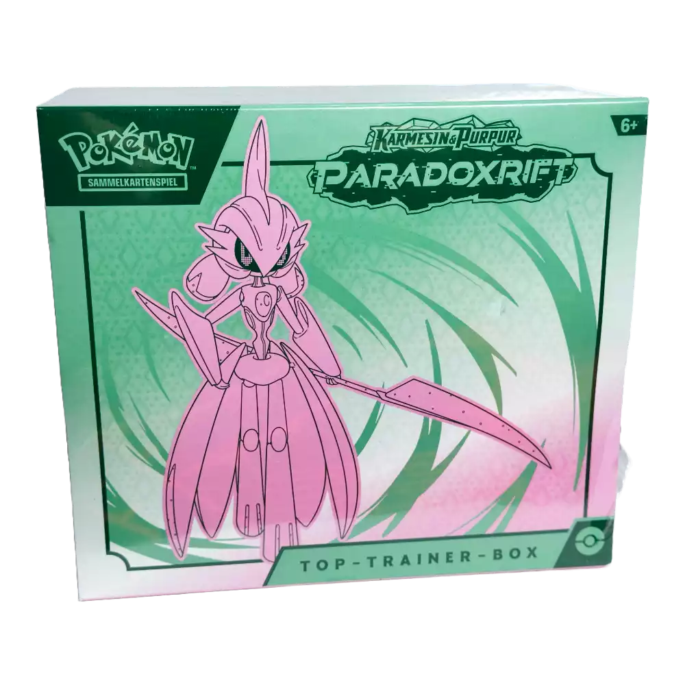 Pokémon Paradoxrift Top-Trainer-Box – deutsche Version – Vorderansicht der Box mit Donnersichel oder Eisenkrieger Artwork auf grünem Hintergrund