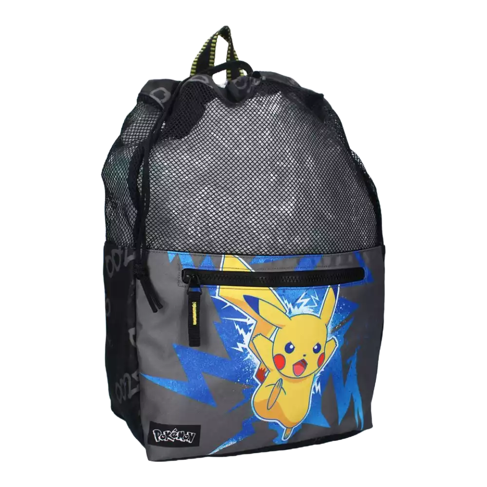 Pokémon Pikachu Sportbeutel in Blau/Schwarz – ca. 40 cm – Vorderansicht des Beutels mit stilvollem Pikachu-Design, geeignet für TCG-Ausrüstung oder Sportutensilien – Robustes Material mit Kordelzugverschluss und Reißverschluss