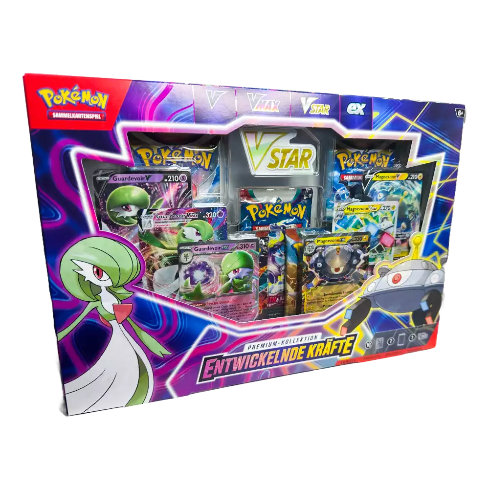 Pokémon Premium Kollektion ‚Entwickelnde Kräfte‘ – deutsche Version – Vorderansicht der Box mit Guardevoir-EX und Magnezone-EX-Artwork auf lila-schillerndem Hintergrund