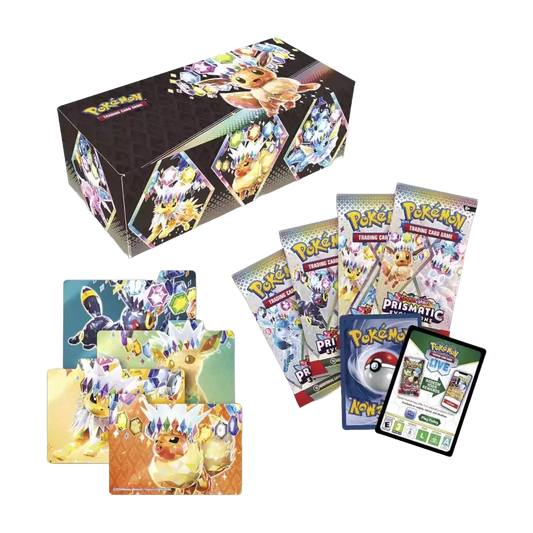 Geöffnete Pokémon Prismatische Entwicklungen Überraschungsbox – deutsche Version – Inhalt mit Karten, Boosterpacks und schillerndem Evoli-Motiv auf bunter Verpackung
