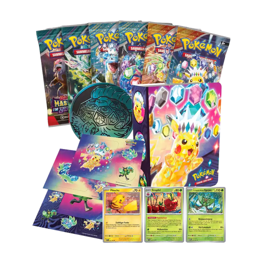 Geöffneter Pokémon Sammelkoffer Terakristall-Pikachu Herbst 2024 – deutsche Version – Innenansicht mit Kartenfächern, Boosterpacks und Pikachu-Motiv