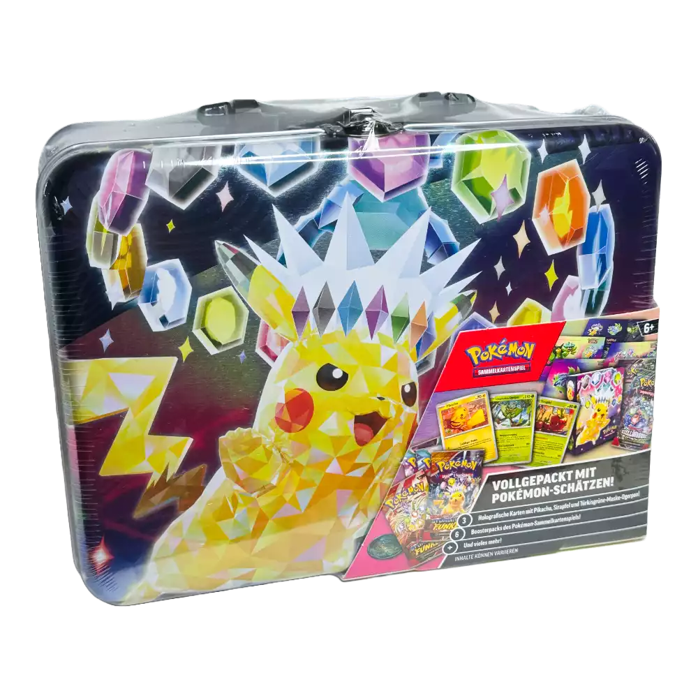 Pokémon Sammelkoffer Terakristall-Pikachu Herbst 2024 – deutsche Version – Vorderansicht der bunten Metallbox mit Pikachu-Artwork und leuchtenden Farben