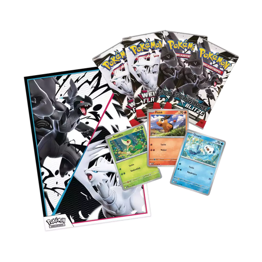 Geöffnete Pokémon Schwarze Blitze & Weiße Flammen Poster Kollektion – deutsche Version – Inhalt mit verschiedenen Postern und Sammelmotiven von Zekrom und Reshiram