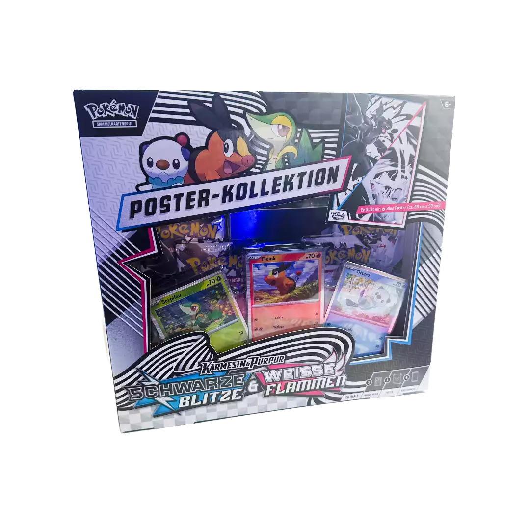 Pokémon Schwarze Blitze & Weiße Flammen Poster Kollektion – deutsche Version – Vorderansicht der Box mit Artwork von Zekrom und Reshiram auf schwarzem und weißem Hintergrund