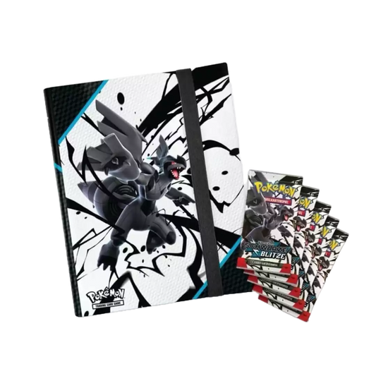 Geöffnete Pokémon Schwarze Blitze Zekrom Ordner Kollektion – deutsche Version – Inhalt mit Sammelordner und verschiedenen Kartenfächern, Zekrom-Motiv auf schwarzem Hintergrund