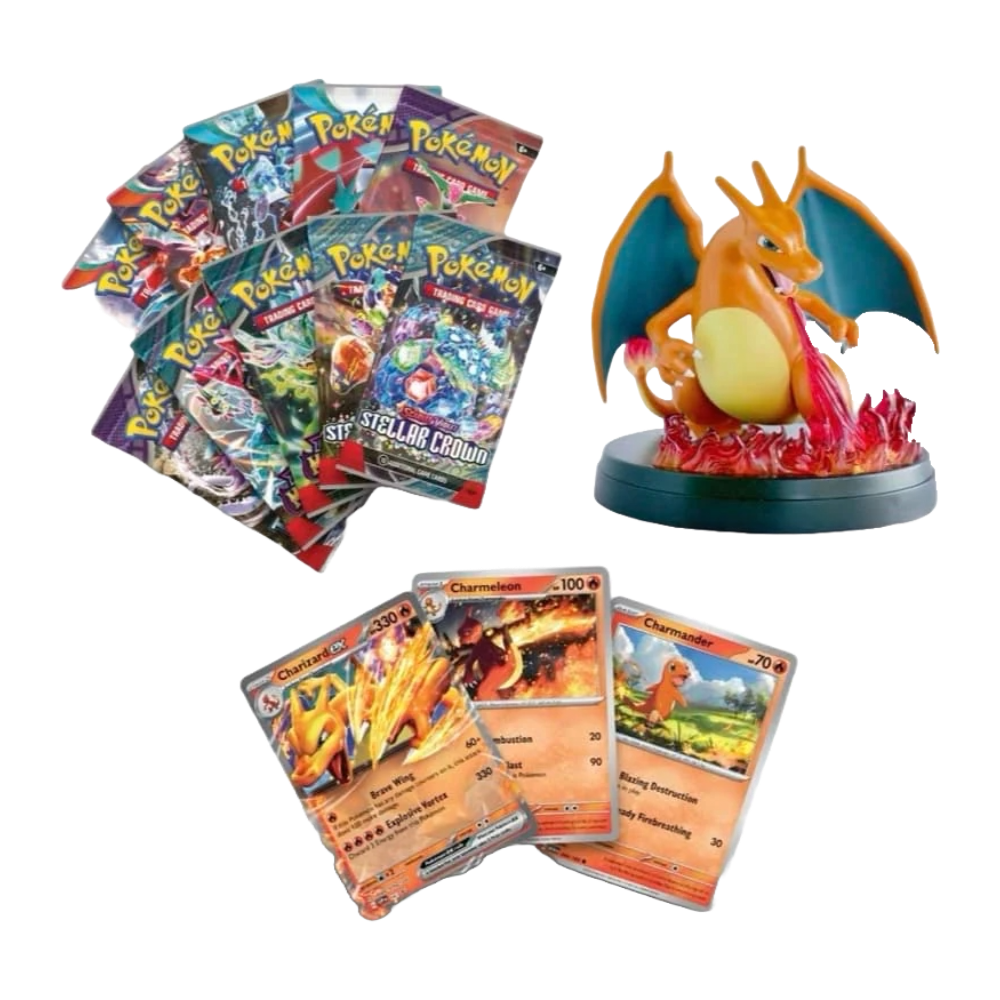 Geöffnete Pokémon Super Premium Kollektion Glurak-ex – deutsche Version – Inhalt mit Sammelkarten, Kartenfächern und Glurak-ex-Motiv auf feurigem Hintergrund