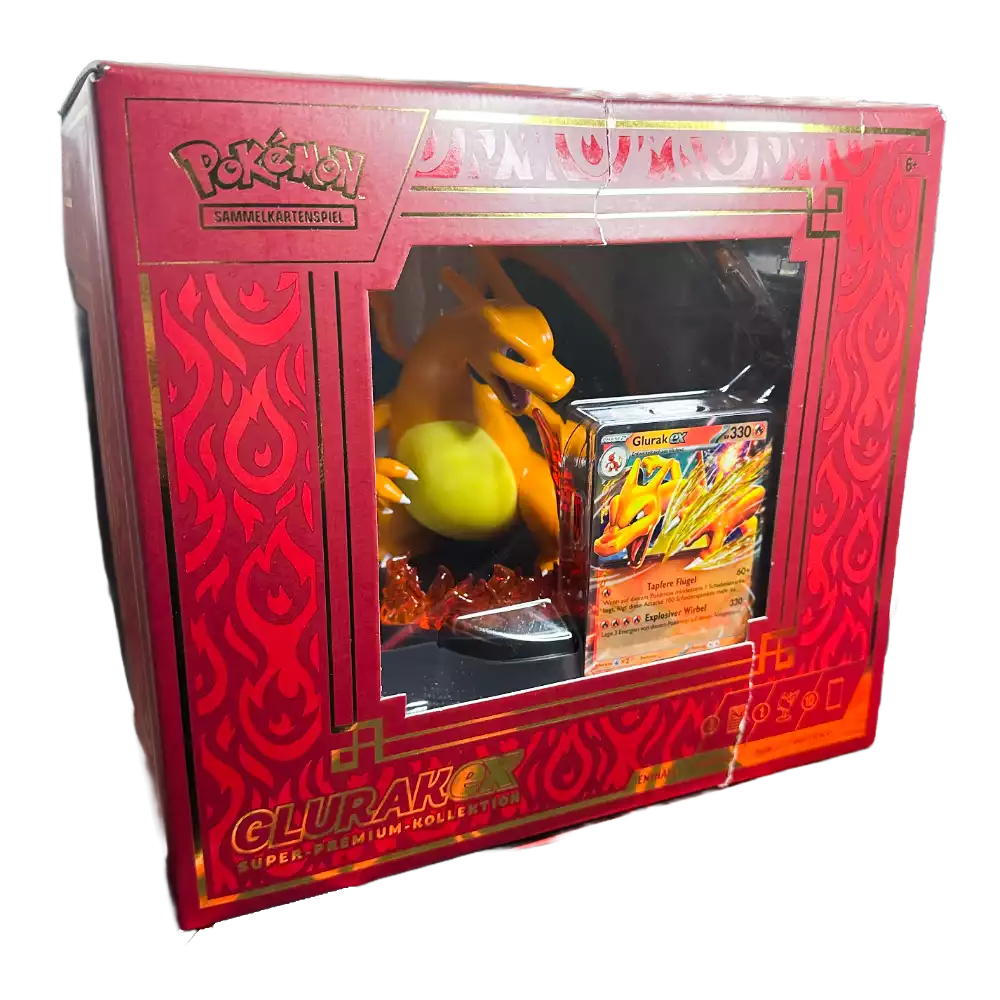 Pokémon Super Premium Kollektion Glurak-ex – deutsche Version – Vorderansicht der Box mit Glurak-ex-Artwork und feurigem Hintergrund