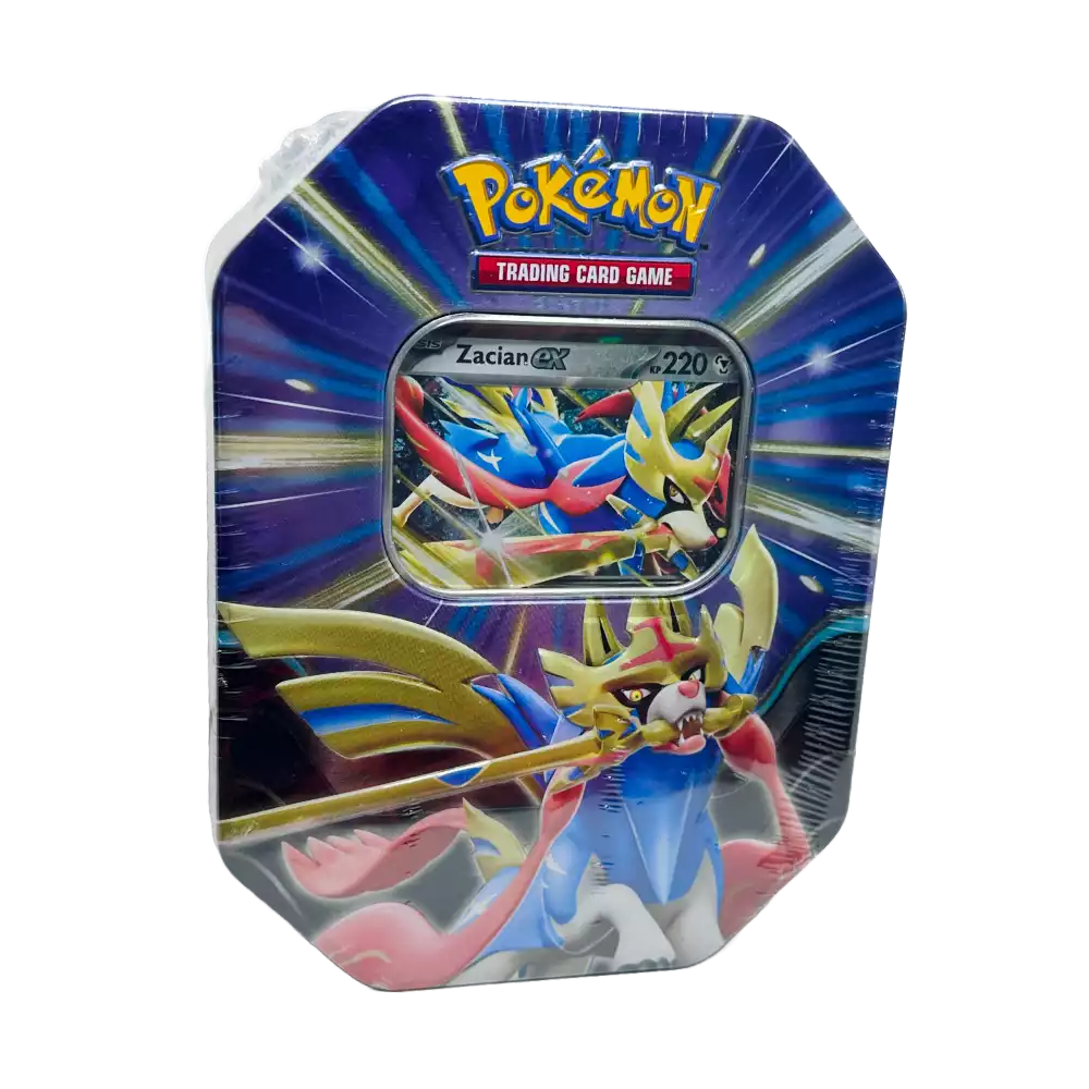 Pokémon Zacian-ex Tin #122 – deutsche Version – Vorderansicht der Metalldose mit Artwork von Zacian-ex in dynamischer Pose auf lila-goldenem Hintergrund