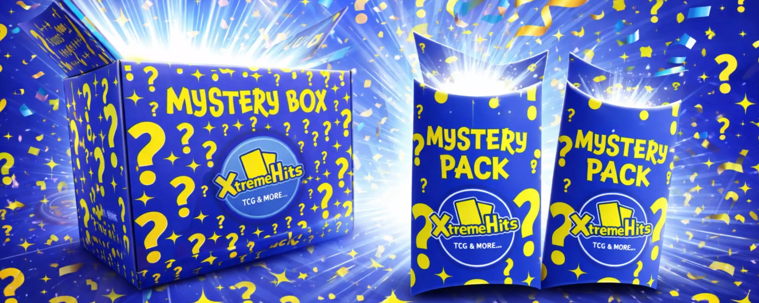 auf diesem Bannerbild sind die Xtreme Hits Mystery Produkte aufgeführt. Einmal die Xtreme Hits Mystery Box und einmal Xtreme Hits Mystery Packs. Dieses Bild ist das Startbild für die Produktseite. 