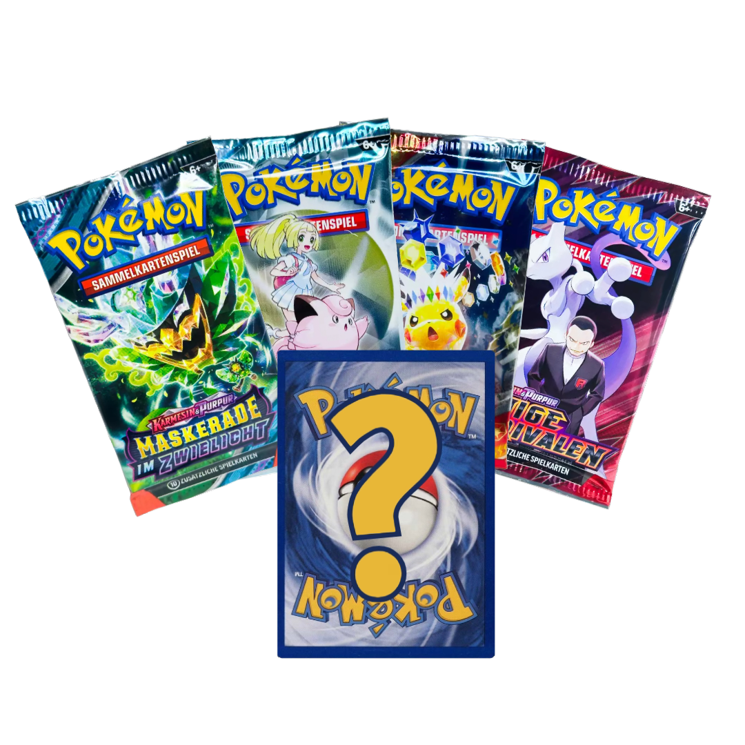 Auf diesem Bild sieht man den garantierten Inhalt vom Xtreme Hits Mystery Pack - Edition 3. Es sind immer garantiert 4 Bosster im Pack und eine Raw Card im Wert von mindestens fünf Euro. 