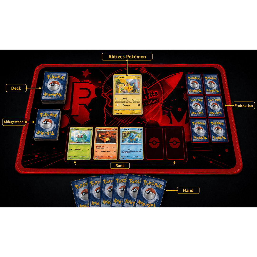 Pokémon Kampfakademie Spielaufbau mit aktivem Pokémon, Bank, Deck, Ablage und Preiskarten
