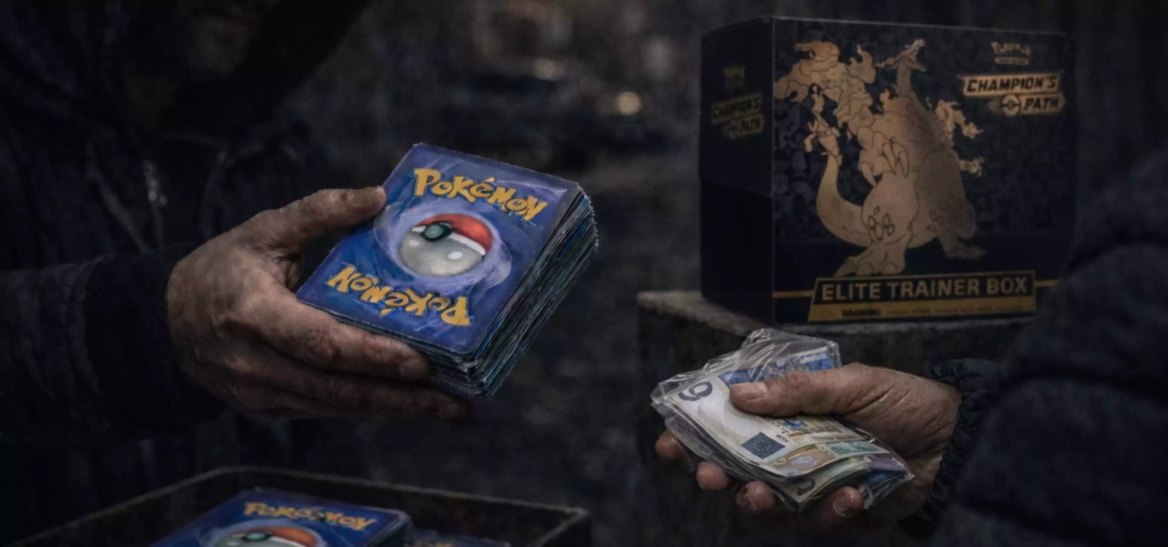 Dieses Bild wird als Starbild Banner auf der Seite Karten verkaufen genutzt. Auf dem Bild ist ein Straßenhändler und ein Kunde zu sehen die einen Pokemon Karten Handel durchführen. Der Händler gibt Pokemon Karten raus, während der Kunde ihm einen Bündel Geldscheine reicht. im Hintergrund steht auf einem Podest eine Pokemon etb aus der Reihe Champions Path. 