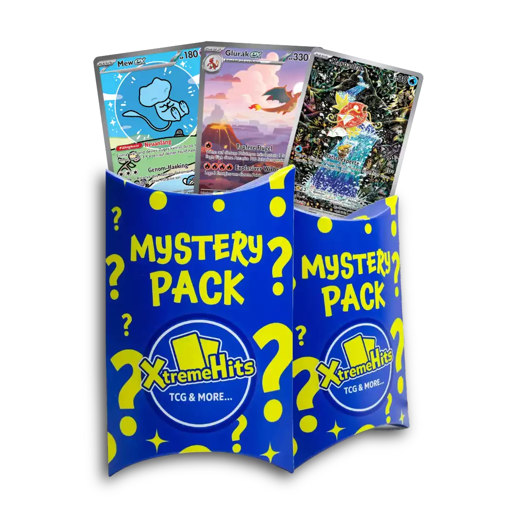 Vorschau vom Xtreme Hits Mystery Pack mit den Karten Bubble Mew, Glurak ex aus 151 und Karpador aus Entwicklungen in Paldea