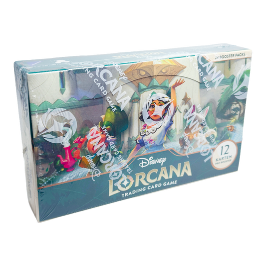 Disney Lorcana ‚Archazias Insel‘ Booster Display – deutsche Version – Vorderansicht des Displays mit 24 Booster Packs, featuring Bolt, Lilo und andere Charaktere auf tropischem Hintergrund