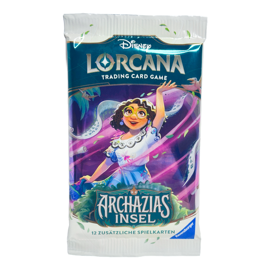 Disney Lorcana ‚Archazias Insel‘ Booster Pack – deutsche Version – Vorderansicht des Booster Packs mit Artwork von Bolt auf tropischem Hintergrund