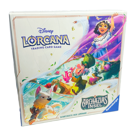 Disney Lorcana ‚Archazias Insel – Schatzkiste der Luminari‘ – Deutsche Version – Vorderansicht der Schatzkiste mit exklusivem Artwork von Disney-Charakteren, umgeben von Tintenfarben und mystischen Symbolen
