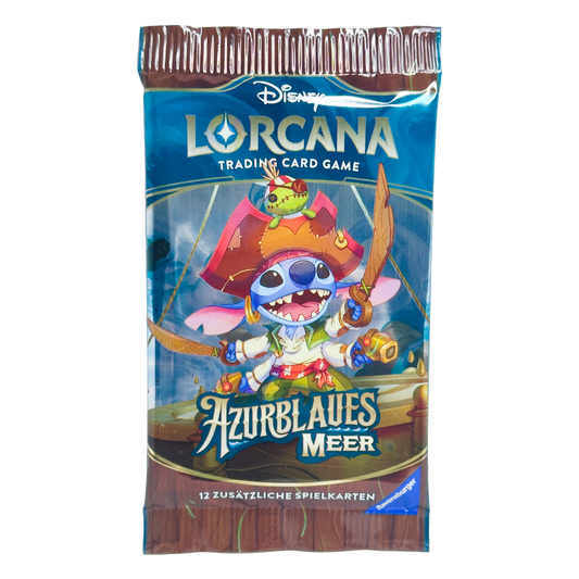 Disney Lorcana ‚Azurblaues Meer‘ Booster Pack – deutsche Version – Vorderansicht des Booster Packs mit Artwork von Jim Hawkins und anderen Charakteren auf einem maritimen Hintergrund