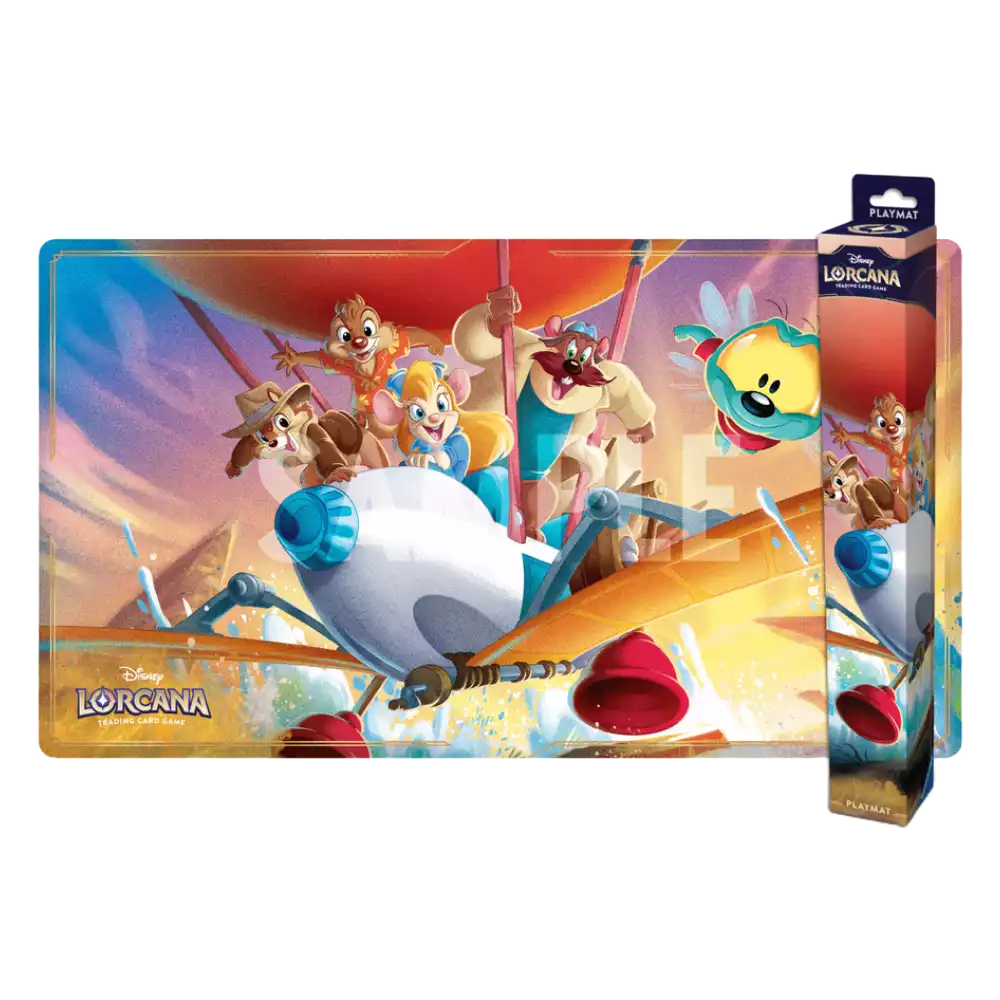 Disney Lorcana ‚Chip und Chap‘ Playmat – Vorderansicht der Spielmatte mit Artwork von Chip und Chap aus den ‚Rescue Rangers‘ auf einem bunten Hintergrund