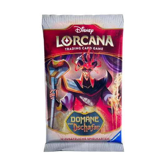 Disney Lorcana ‚Domäne von Dschafar‘ Booster Pack – deutsche Version – Vorderansicht des Booster Packs mit Artwork von Dschafar auf rotem Hintergrund