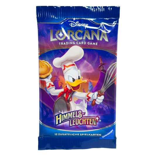 Disney Lorcana ‚Himmelsleuchten‘ Booster Pack – deutsche Version – Vorderansicht des Booster Packs mit Artwork von Vanellope von Schweetz auf lila-rotem Hintergrund