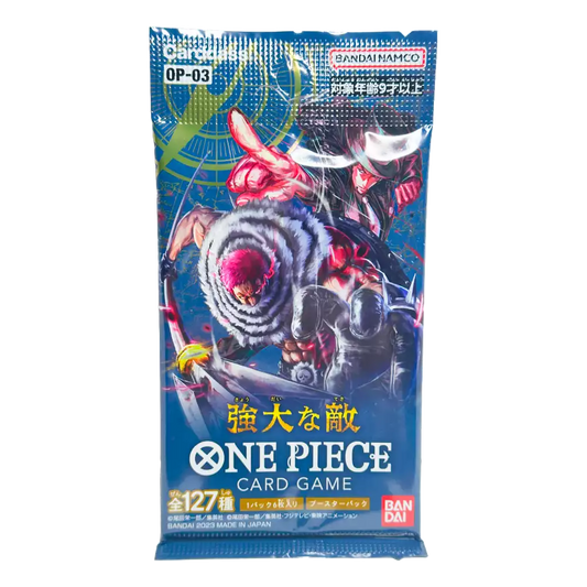 One Piece OP03 ‚Pillars of Strength‘ Booster Pack – japanische Version – Vorderansicht des Booster Packs mit Artwork von Luffy und anderen Charakteren auf einem dynamischen Hintergrund