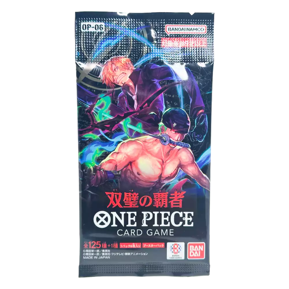 One Piece OP06 ‚Wings of the Captain‘ Booster Pack – japanische Version – Vorderansicht des Booster Packs mit Artwork von Zoro und Sanji auf dynamischem Hintergrund