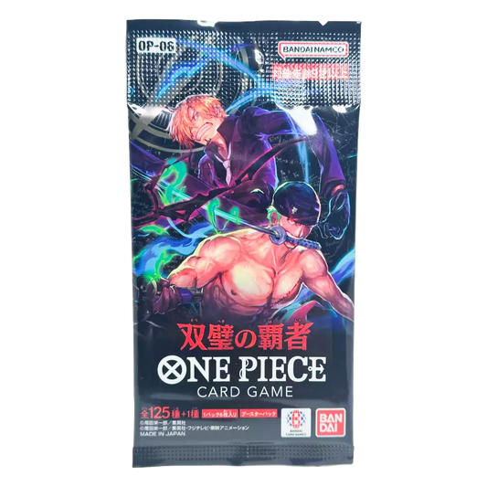 One Piece OP06 ‚Wings of the Captain‘ Booster Pack – japanische Version – Vorderansicht des Booster Packs mit Artwork von Zoro und Sanji auf dynamischem Hintergrund