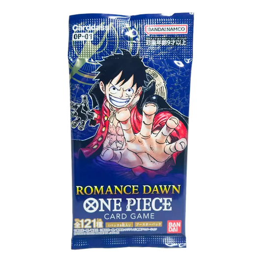 One Piece Romance Dawn Booster Pack – japanische Version – Vorderansicht des Booster Packs mit Artwork von Monkey D. Luffy und anderen Charakteren auf einem dynamischen Hintergrund