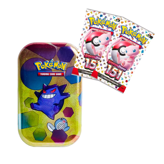 Pokémon 151 Mini Tin – deutsche Version – Vorderansicht der Mini-Dose mit Artwork von Gengar und buntem Hintergrund