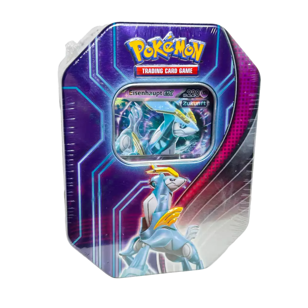 Pokémon Eisenhaupt-ex Tin #115 – deutsche Version – Vorderansicht der Metalldose mit Artwork von Eisenhaupt-ex auf lila-grauem Hintergrund