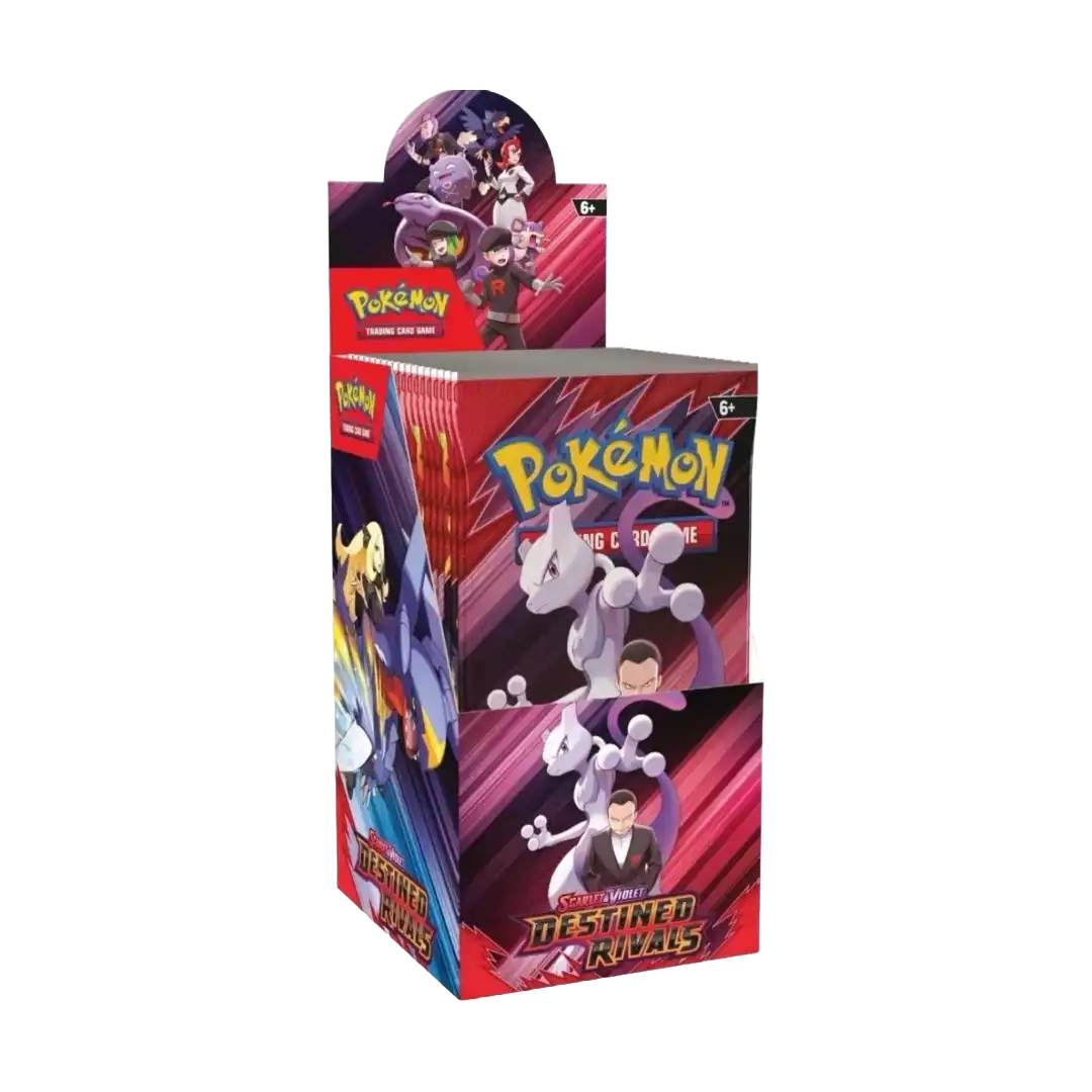 Geöffnete Packung des Pokémon Ewige Rivalen Displays mit 18 Booster Packs – deutsche Version