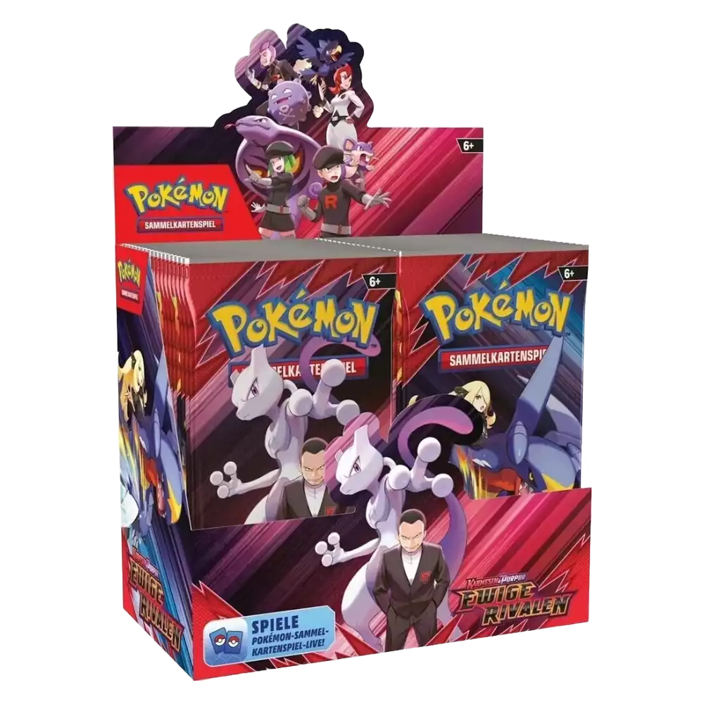 Geöffnetes Pokémon Ewige Rivalen Display mit 36 Booster Packs – deutsche Version
